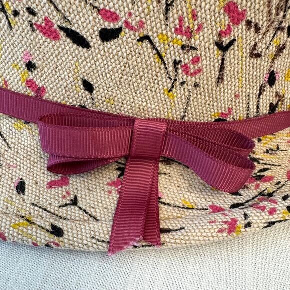 Studio thirtysix 100% Linen Women's Fedora Hat Beige w/ Floral Pattern Pink Bow - Picture 9 of 11